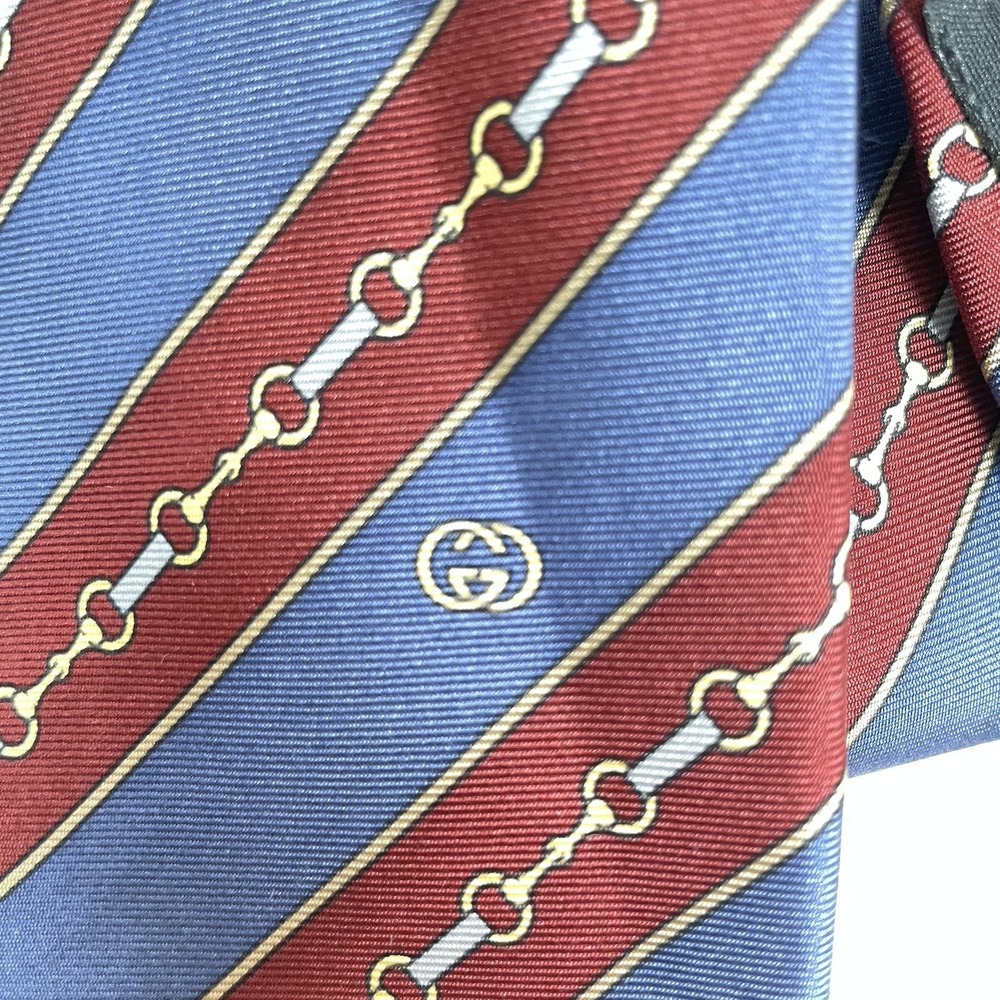 GUCCI 100% Silk Tie Red Blue Diagonal Stripe Gold Silver Chain Horsebit Italy - Picture 3 of 11
